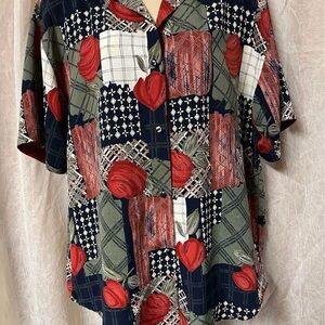 LE CAVIAR Casual Blue and Red Patchwork Button Down Shirt